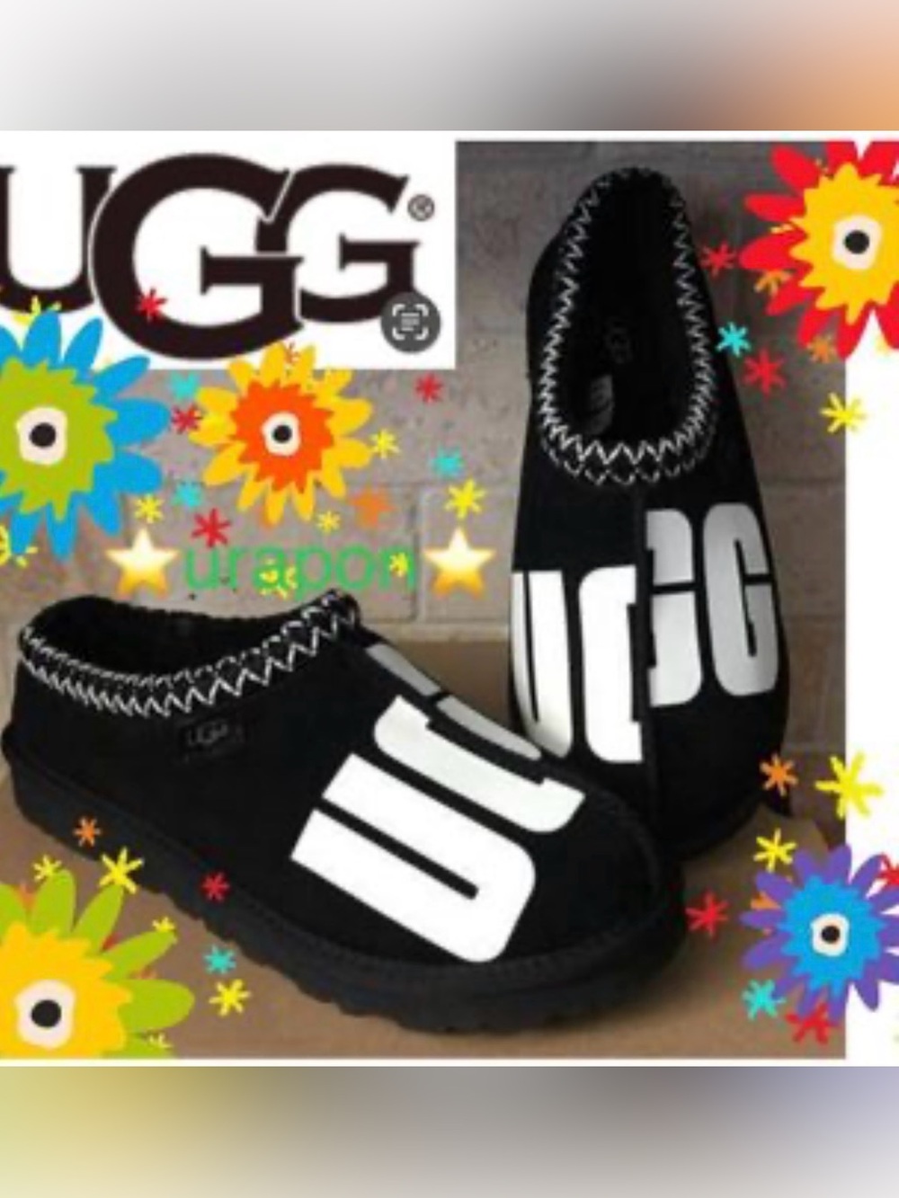 UGG Black Slip-On Logo Mules with Cream Accents